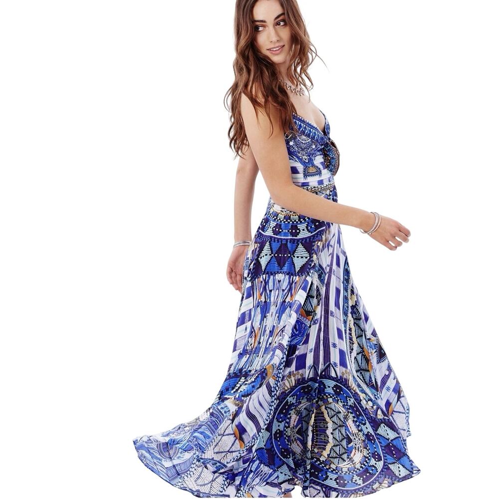 CAMILLA SILK CRYSTAL EMBELLISHED MAXI DRESS BLUE MULTI TIE FRONT US 8 $695